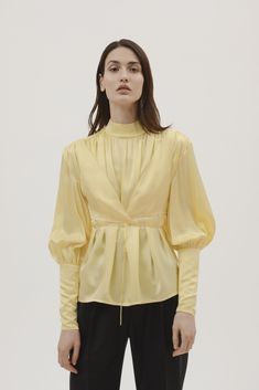 [Description]High neck light yellow blouse with Victorian sleeves. Comes with the detachable bra that wraps around the blouse. Both pieces can be worn together or separately.100% VIS Made in GeorgiaTatia is 180cm and she is wearin... Yellow Blouse Outfit, Victorian Sleeves, Ny Outfits, Tbilisi Georgia, Yellow Blouse, Yellow Fashion, Pre Fall, Moda Casual, Modest Fashion