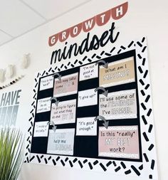 the growth mindset is hanging on the wall in front of a potted plant