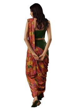 Multicolour rose printed pre-draped half and half saree with sequin embellishments.  Comes with padded corset style blouse. - Aza Fashions Fitted Silk Saree For Festivals, Fitted Silk Dupatta Draped, Fitted Silk Pre-draped Saree For Navratri, Fitted Silk Blouse Piece In Pre-draped Style, Fitted Silk Pre-draped Saree For Festivals, Fitted Floral Pre-draped Saree For Diwali, Traditional Fitted Draped Blouse, Festive Fitted Pre-draped Blouse Piece, Festive Draped Fitted Blouse Piece