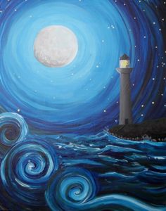 a painting of a lighthouse on top of a hill with the moon in the sky