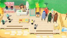 an animated beach scene with people and surfboards in the sand, palm trees and chairs