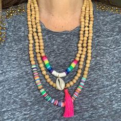 Wooden Beaded Necklace from Libby & Smee libbyandsmee.com Yellow Tassel Earrings, Boho Beaded Necklace, Necklace Wood, Surfer Necklace, Wood Bead Necklace, Long Tassel Earrings, Rainbow Beads, Bohemian Necklace, Gold Choker