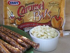 the ingredients to make caramel bits are displayed in front of a bag of candy