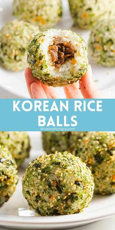 a person is holding up some rice balls with broccoli and carrots on top