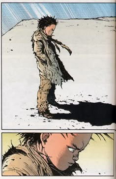 an image of a man in the snow with his head down and another comic page showing him