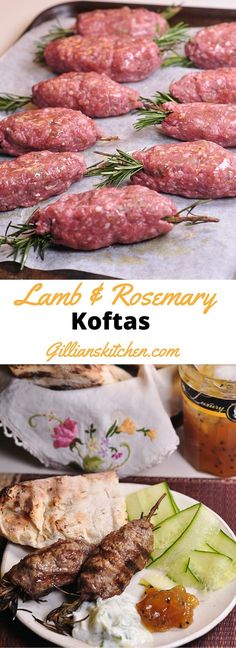 some meats and vegetables are on a table with the words land & rosemary koftas