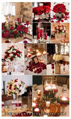 a collage of red and white flowers in vases with candles on the table