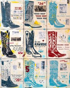 an old poster with many different types of boots on it's sides and numbers