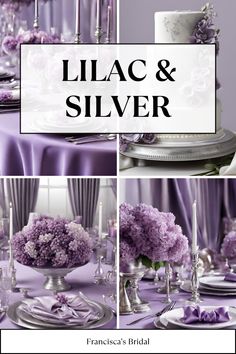 a collage of photos with lilac and silver decorations on the table for a wedding reception