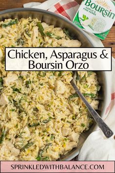 chicken, asparagus and boursin orzo in a pan