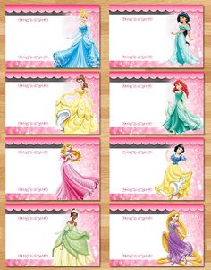 disney princess name tags with the names of each character in them, on a wooden surface