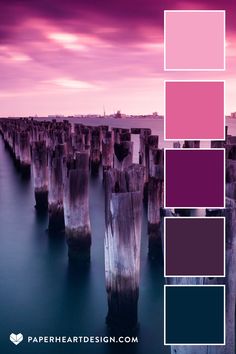 an image of a color palette with the ocean and pier in the background at sunset