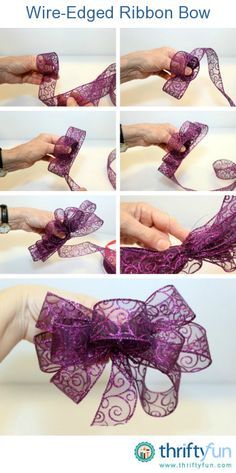 the instructions for how to make a purple ribbon bow with lace and ribbons on it