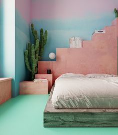 a bedroom with pink and blue walls, green flooring and a large cactus in the corner