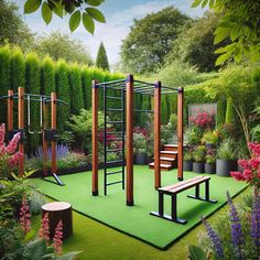 an outdoor play area with swings, benches and flowers in the foreground is surrounded by greenery