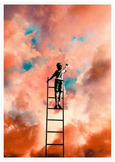 a man standing on top of a ladder reaching up into the sky with clouds behind him