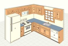 a drawing of a kitchen with an oven, refrigerator and sink in the middle of it