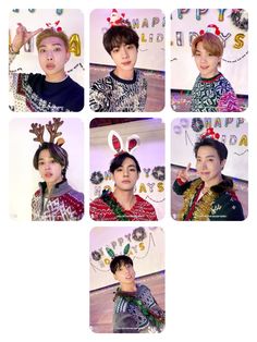 several pictures of the same person wearing reindeer antlers on their head and in sweaters