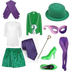 a group of costume items including green and purple