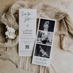 the wedding program is on display next to a flower and shawl draped over it