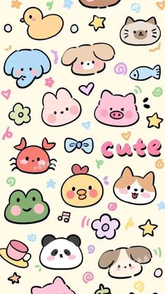 an assortment of cartoon stickers on a white background with the words cute written in different languages