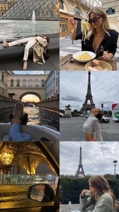 the collage shows people eating and drinking at different places in paris, including the eiffel tower