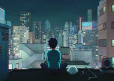 a person sitting on top of a roof in front of a cityscape at night