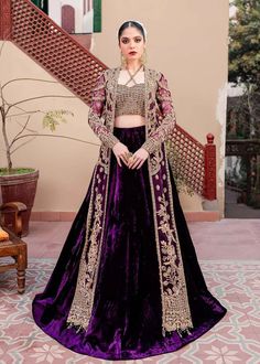 Golden Purple Lehenga Choli Jacket Indian Bridal Wear Bride Sister Dress, Lehenga Velvet, Purple Lehenga Choli, Gown Lehenga, Golden Lehenga, Purple Work, Purple Lehenga, Organza Lehenga, Lehenga Fabric