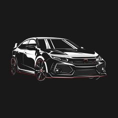 a black and white drawing of a honda civic type car on a dark background with red trim