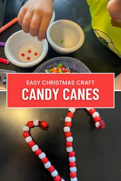 kids making candy canes for christmas crafts with the title easy christmas craft candy canes