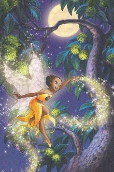 a painting of a fairy on a tree branch