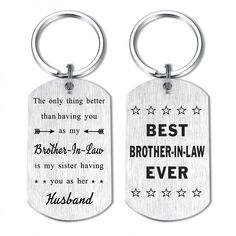 two personalized dog tags with the words best brother in law and husband in law