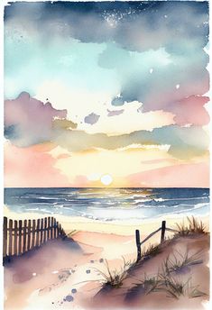 watercolor painting of sunset over the ocean with sand dunes and fence in foreground