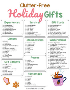 a holiday gift list with the words,'clutter - free holiday gifts '