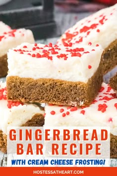 gingerbread bar recipe with cream cheese frosting and red sprinkles on top