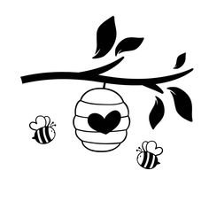 a beehive hanging from a tree branch with two bees flying around it,