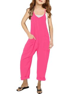 PRICES MAY VARY. 【Tips】The Strap length is adjustable. This harem pants jumpsuits for girl is super soft and comfy, strentchy and lightweight not see through. 【Features】Cute wide leg long harem pant, comfy lounge sleeveless jumpsuit with adjustable spaghetti strap, soft overalls ,two side big pockets. 【Match】Girls' Casual Jumpsuit is nice to pair with t-shirts, tank top, crop top, blouse, sneakers, etc. Wear a cardigan or jacket outside the jumpsuit on cool weather. 【Occasion】The casual fall loo Harem Pants Jumpsuit, Loose Romper, Romper Long Pants, Jumpsuit Casual, Solid Jumpsuit, Solid Color Jumpsuits, Big Pockets, Kid's Fashion, Pants With Pockets