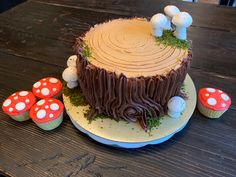 there is a cake with mushrooms on the table