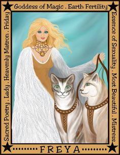 a painting of a woman with two cats in front of her and the caption goddess of magic earth pervillity