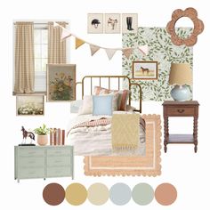 a collage of various items including a bed, dresser and window