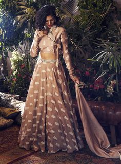 Bhumika Sharma - Beige Angarakha Blouse & Skirt Set - INDIASPOPUP.COM Bhumika Sharma, Frill Neck Blouse, Designs Blouse, Silk Kurti Designs, Navratri Dress, Happy Dresses, Crop Top Designs, Blouse Skirt, Pakistani Dress