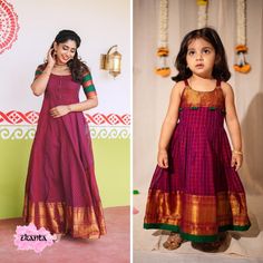 Celebrate togetherness with this elegant matching magenta pattu pavadai set for mom and daughter. These traditional South Indian festive dresses are crafted from premium pure narayanpet cotton and features intricate gold borders, perfect for special occasions like weddings, festivals, and family events. The mother's outfit includes a graceful gown with a flared hem and a detailed border, while the child's pavadai set features a sleeveless strap design for added comfort. This matching set is perfect for creating beautiful memories and stunning family photos during festive celebrations. Available in custom sizes for both adults and kids. Product Details: Material: Premium pure narayanpet cotton Colors: Magenta with gold borders and green accents Inclusions: Mother's gown and daughter's pavad Anarkali Dress For Puja And Eid, Designer Handloom Dresses For Diwali, Self Design Dress For Puja And Eid, Self Design Dresses For Eid And Puja, Self-design Dresses For Puja And Eid, Anarkali Dress With Pallu For Puja, Anarkali Dress For Navratri Puja, Festive Handloom Dress For Diwali, Festive Dresses For Puja With Elegant Design