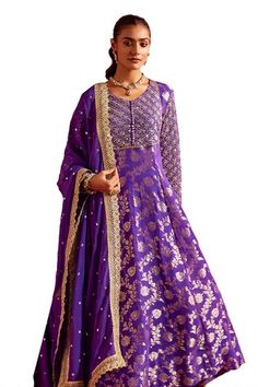 Purple banarasi anarkali with floral woven pattern and sequins embroidered yoke and sleeves. Comes with churidar and a mirror work dupatta. - Aza Fashions Designer Semi-stitched Anarkali Set With Zari Work, Semi-stitched Art Silk Anarkali Set With Zari Work, Semi-stitched Zari Work Art Silk Anarkali Set, Anarkali Traditional Wear With Resham Embroidery For Transitional Season, Festive Brocade Anarkali Set With Traditional Drape, Brocade Anarkali Set With Resham Embroidery, Anarkali Brocade Kurta With Traditional Drape, Floor-length Traditional Wear With Zari Work For Festivals, Festive Anarkali Brocade Kurta