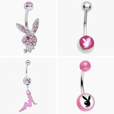 four different types of belly piercings with pink and white designs on each one side