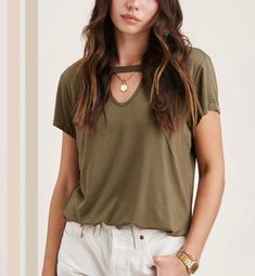 Olive Cutout Tee Olive Shorts, Graphic Tee, Graphic Tees, V Neck, Boutique, Women's Top