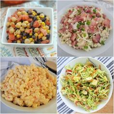 four different types of food are shown in this collage, including salads and pasta