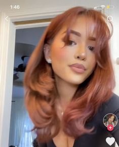 Copper Hair Updo, Dark Brown To Ginger Hair, Ginger Hair Tan Skin, Copper Hair Tan Skin, Ginger Hair Brown Skin, Ginger Highlights In Black Hair, Ginger Hair On Latina, Ginger Hair On Tan Skin, Ginger Hair With Bangs