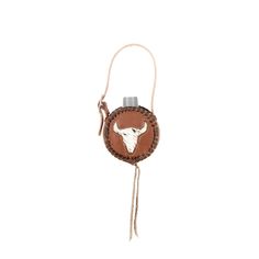 a bottle holder with a longhorn on it's side and a rope around the neck