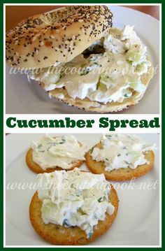 two pictures with the words cucumber spread on them and an open bagel