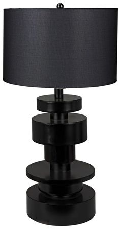 a black table lamp with a black shade on the top and bottom part of it